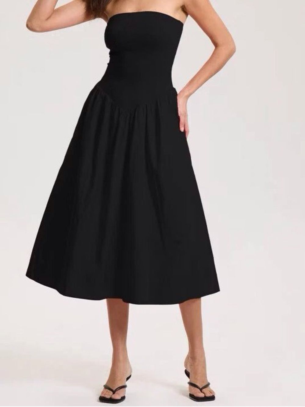 Strapless Black Midi Dress with Flared Skirt